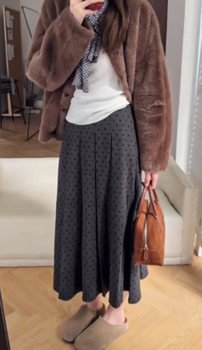 法式波點百褶高腰長裙
