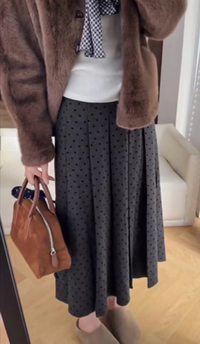 法式波點百褶高腰長裙