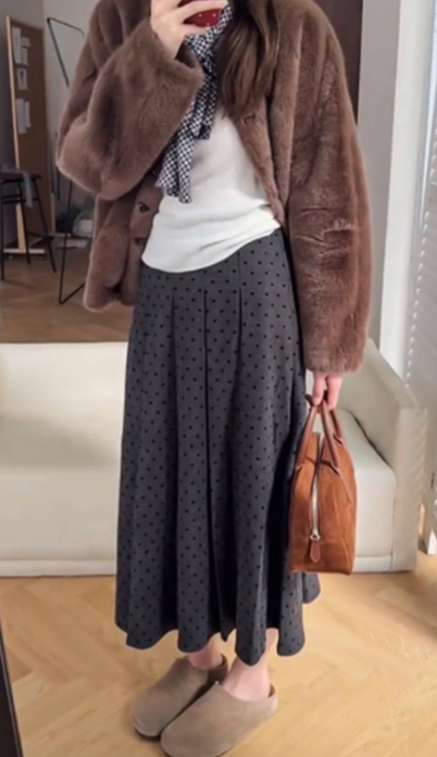 法式波點百褶高腰長裙