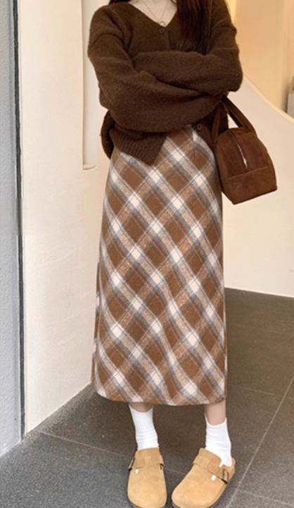 暖棕格紋復古高腰裙