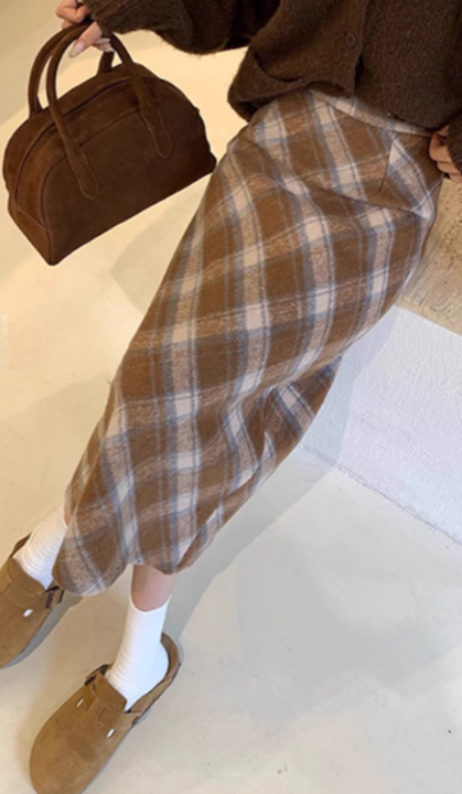 暖棕格紋復古高腰裙