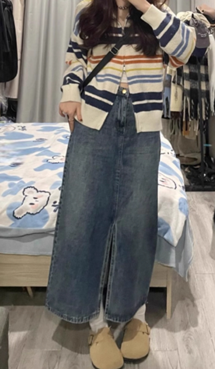 小心機復古高腰開叉丹寧裙