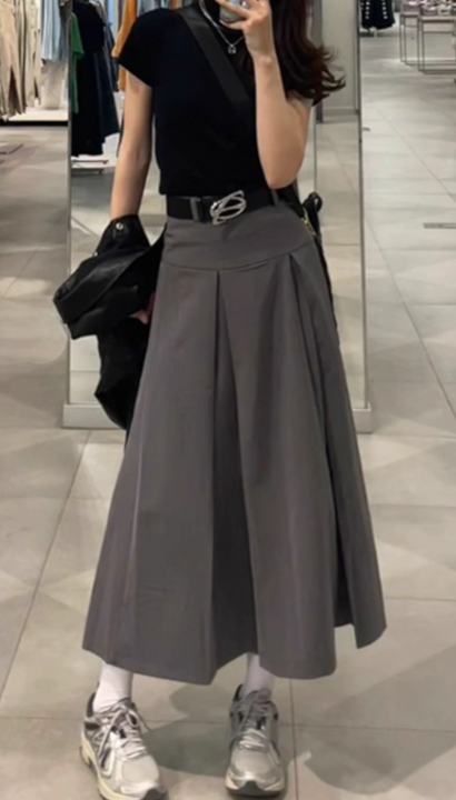 知性灰西裝面料高腰百褶裙